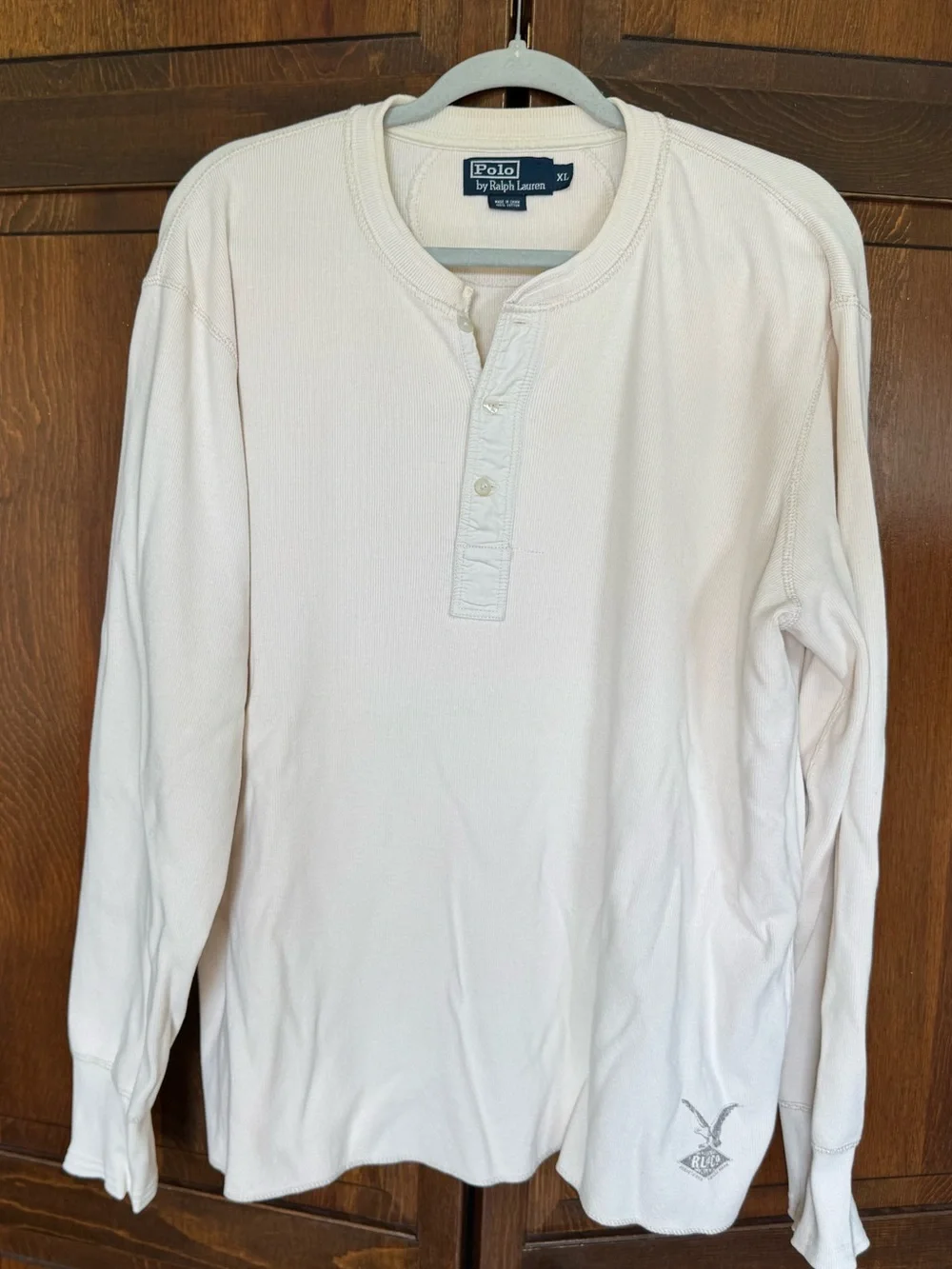 Vintage 90s Polo Ralph Lauren Waffle Knit Thermal Henley XL Crest Off-White
